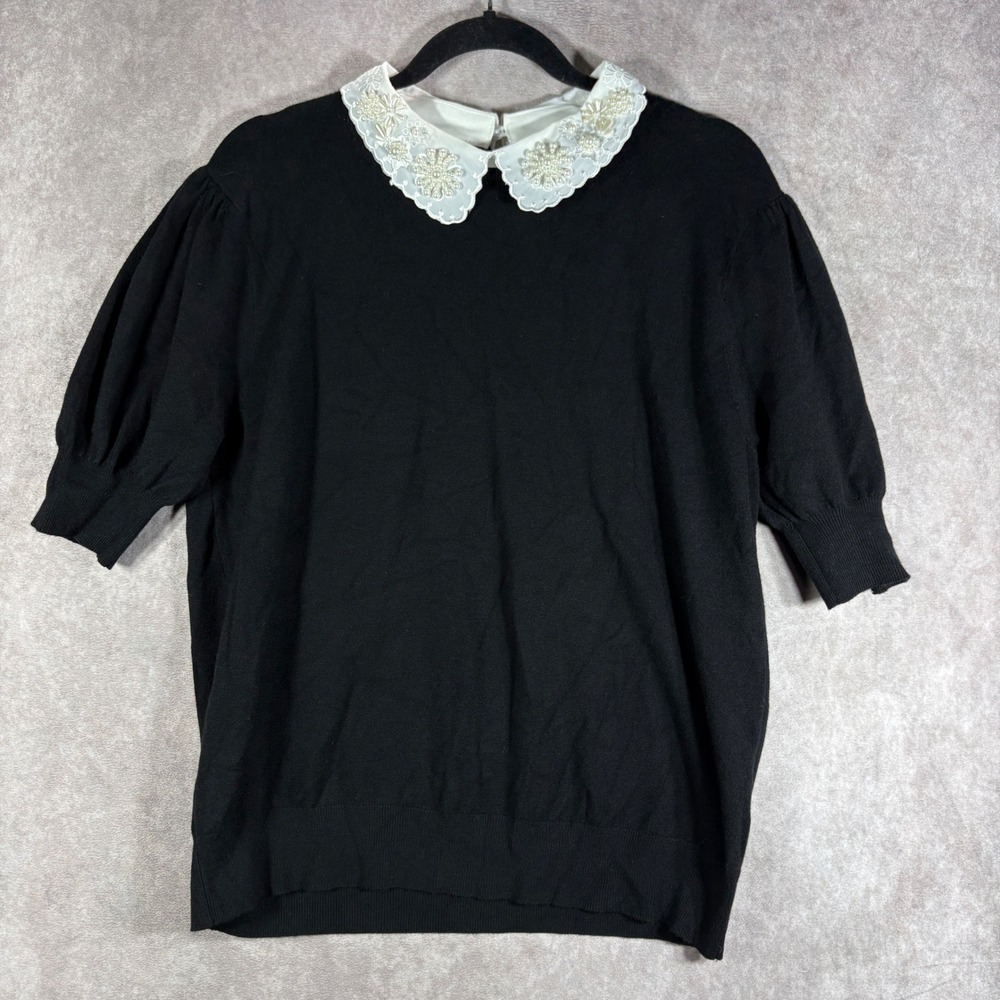 Siani Milano Sweater Women XL Black Pearl Collar Short Sleeve Beaded Knit Office